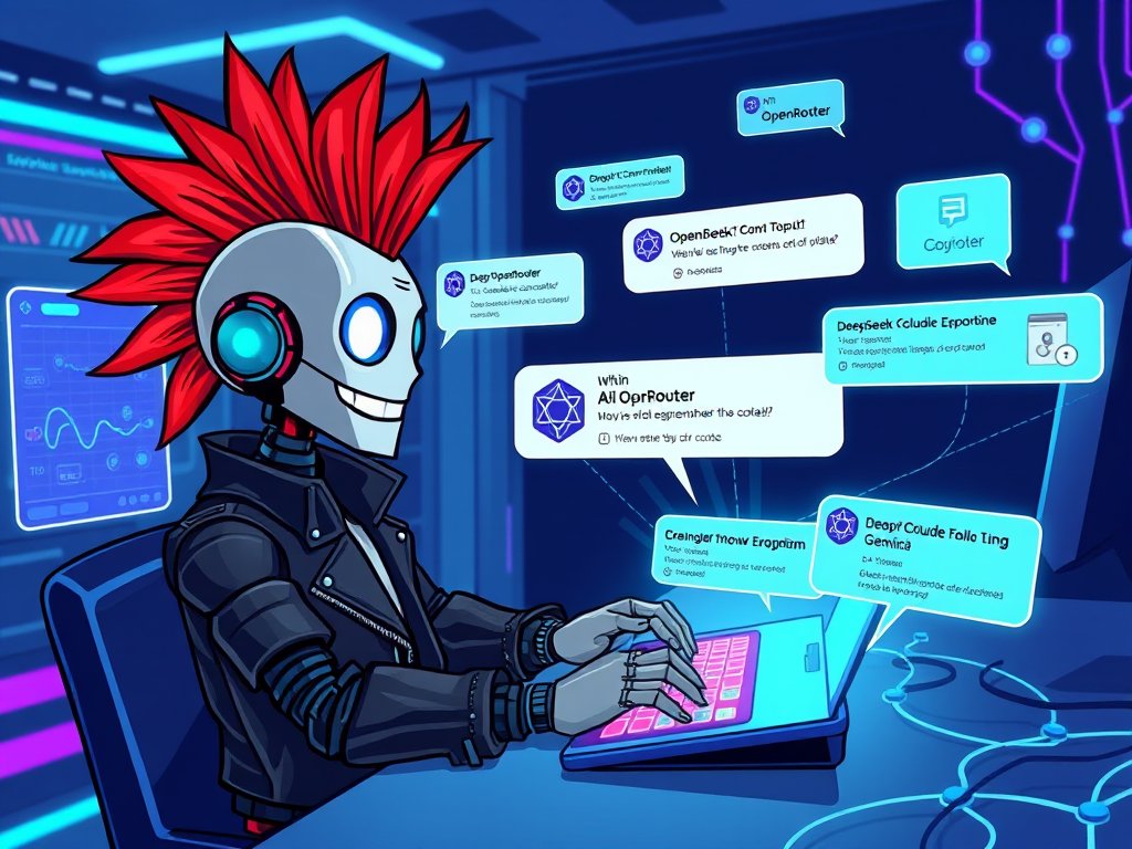Robot punk creando chatbot IA con n8n y OpenRouter modelos LLM conversacional automatización gratis 2025