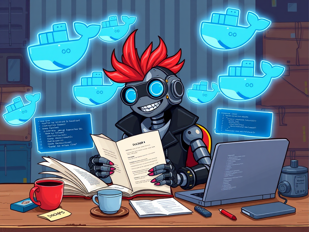Robot punk estudiando Docker con entusiasmo documentación contenedores para principiantes 2025