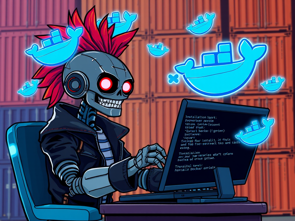 Robot punk instalando Docker en servidor Ubuntu con comandos de terminal 2025