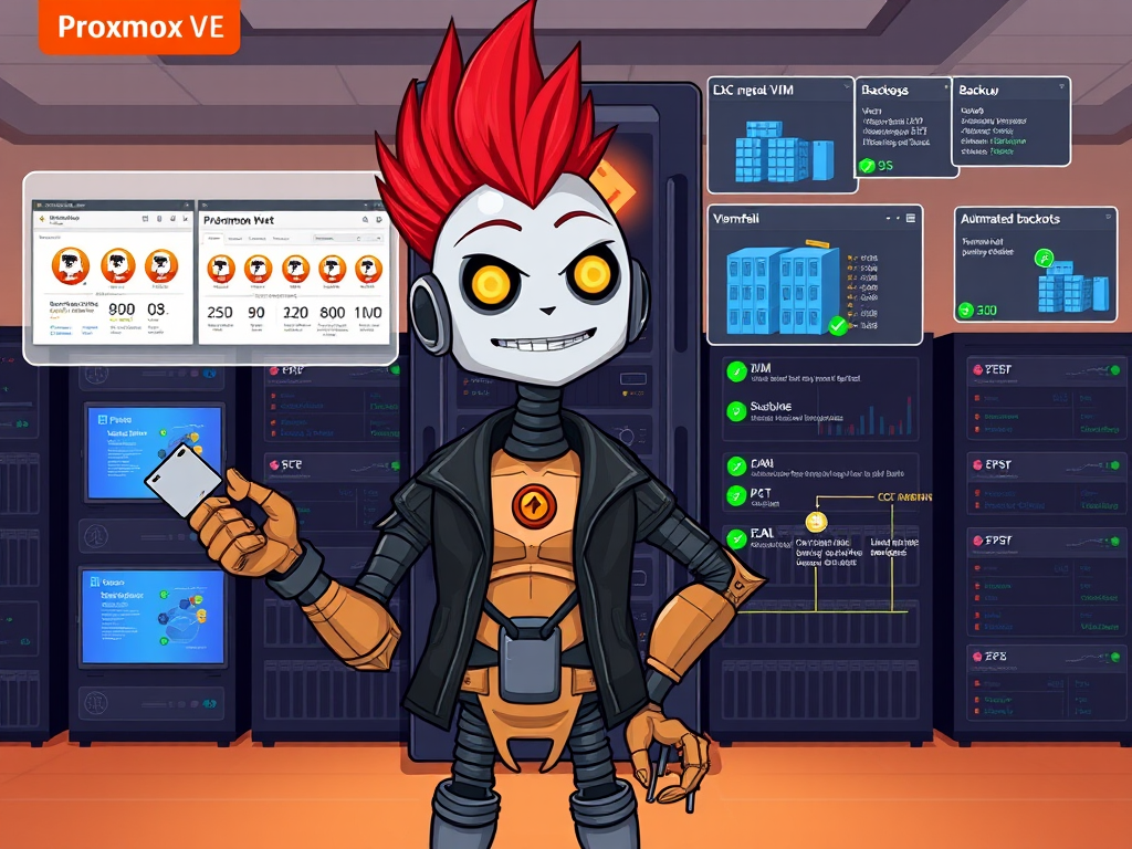 Robot punk instalando Proxmox VE en servidor homelab con interfaz web virtual machines LXC containers virtualización 2025