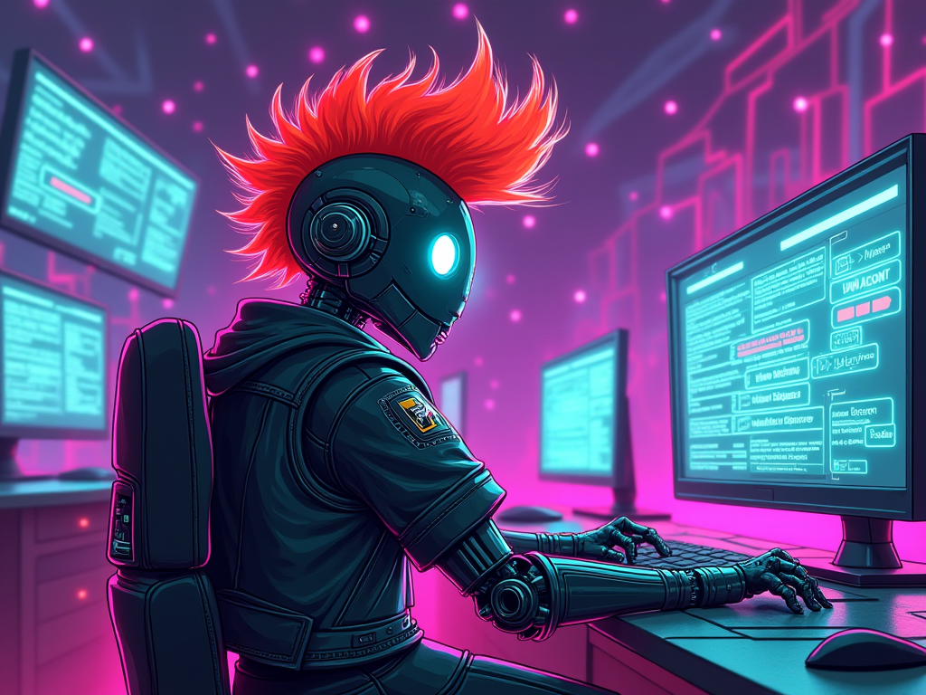 Robot punk controlando múltiples agentes de IA autónomos