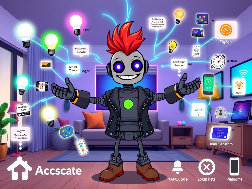 Robot punk con cresta roja configurando Home Assistant en casa inteligente con dispositivos Zigbee luces sensores automatización 2025