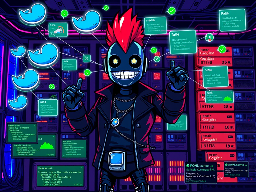 Robot punk orquestando contenedores Docker Compose con docker-compose.yml servicios múltiples 2025