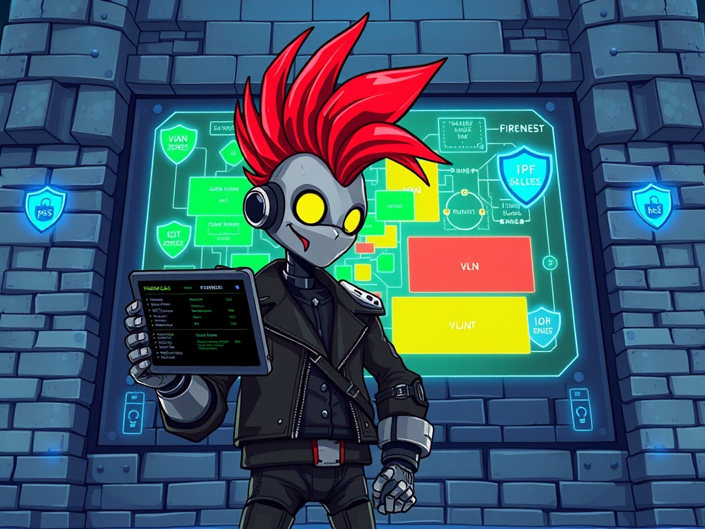 Robot punk instalando pfSense firewall seguridad perimetral VPN VLANs protección red homelab 2025