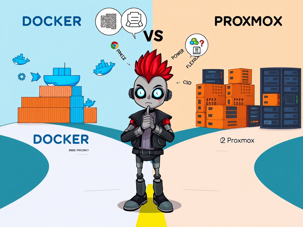 Diagrama decisión Proxmox vs Docker para homelab con contenedores y máquinas virtuales 2025