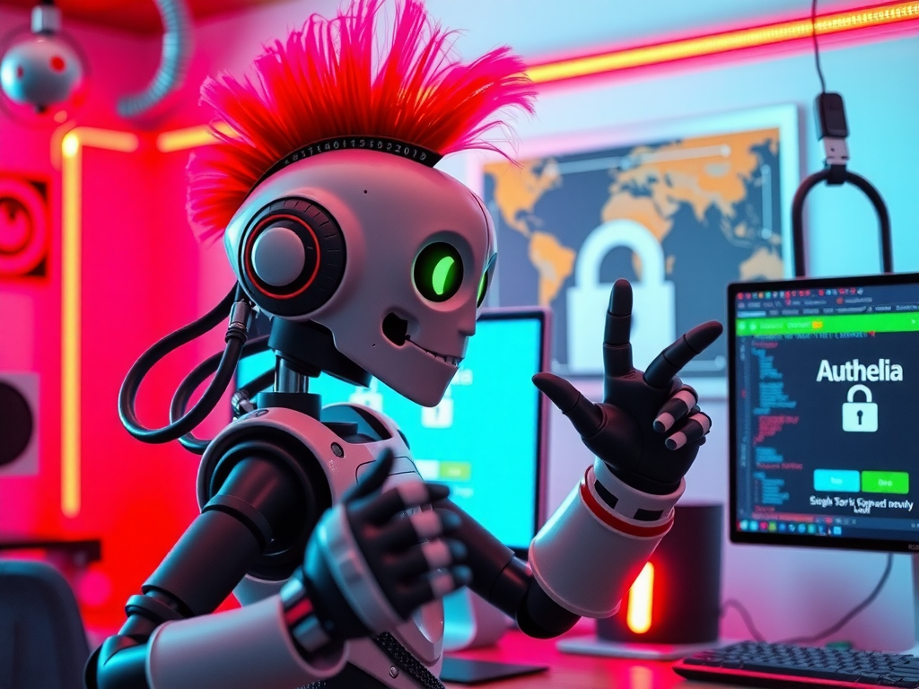 Robot punk haciendo stand-up sobre Authelia y SSO con llaves de seguridad 2025