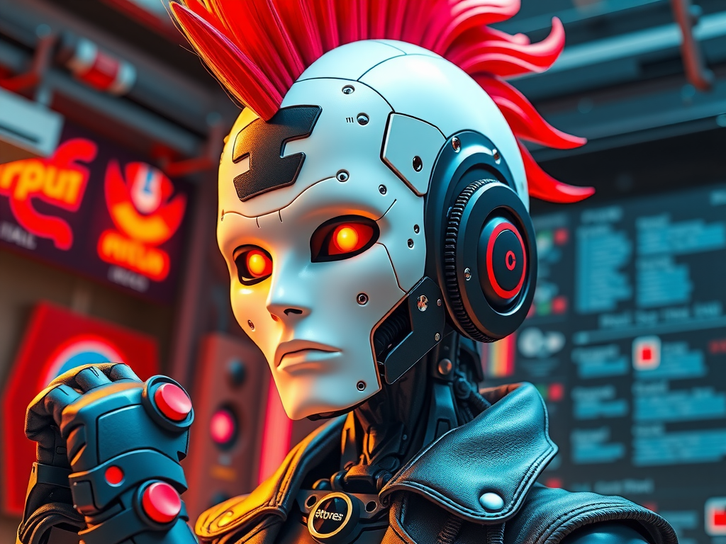 Robot punk presentando ranking de modelos LLM open source con gráficos de benchmarks 2025