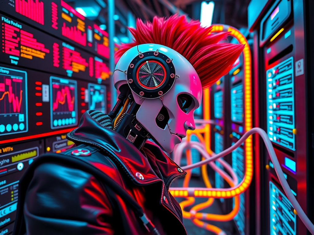 Robot punk configurando Mosquitto MQTT con panel n8n en homelab 2025