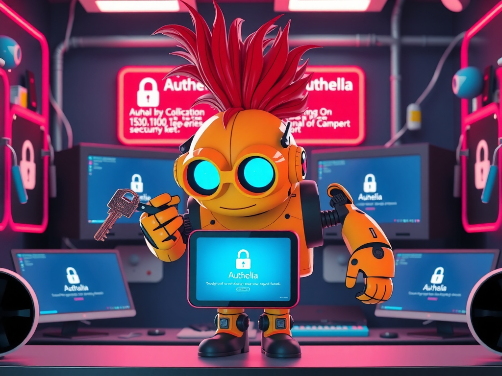 Robot punk configurando Authelia con llaves TOTP y WebAuthn en homelab 2025