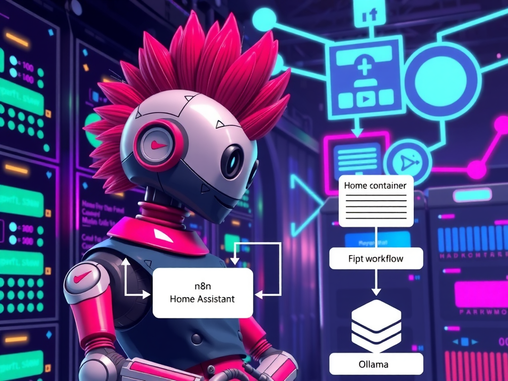 Robot punk configurando Stack Architecture Home Assistant n8n Ollama IA local 2025