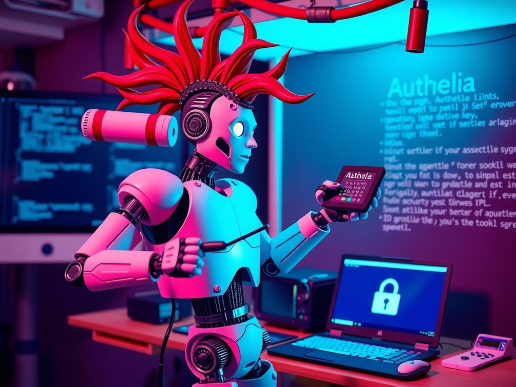 Robot punk bromeando sobre fallos SSO en escenario cyberpunk con Authelia 2025