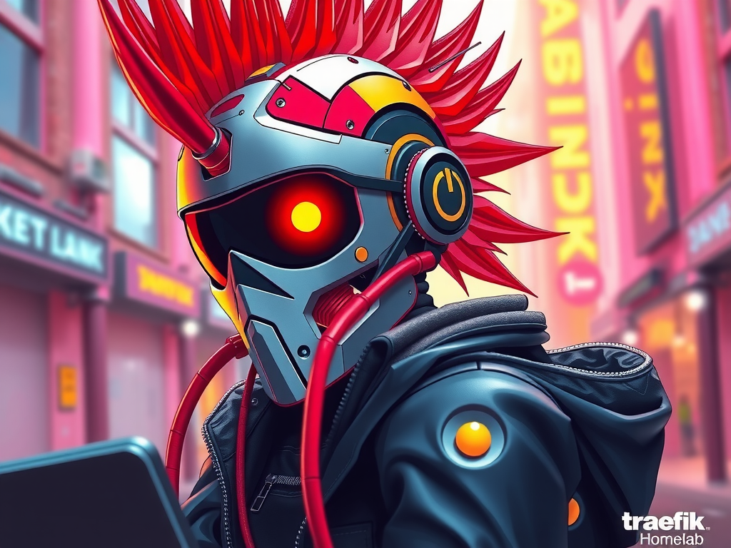 Robot punk monitoreando métricas y dashboard de Traefik en homelab 2025