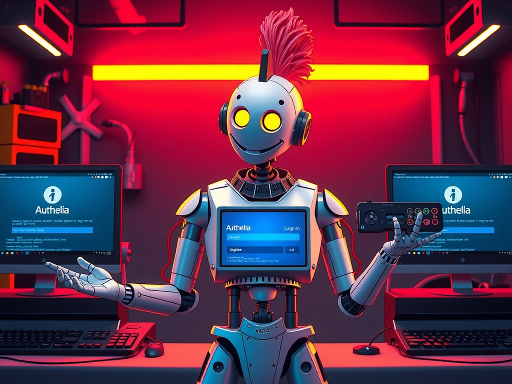 Robot punk monitoreando claves SSO de Authelia en homelab cyberpunk 2025