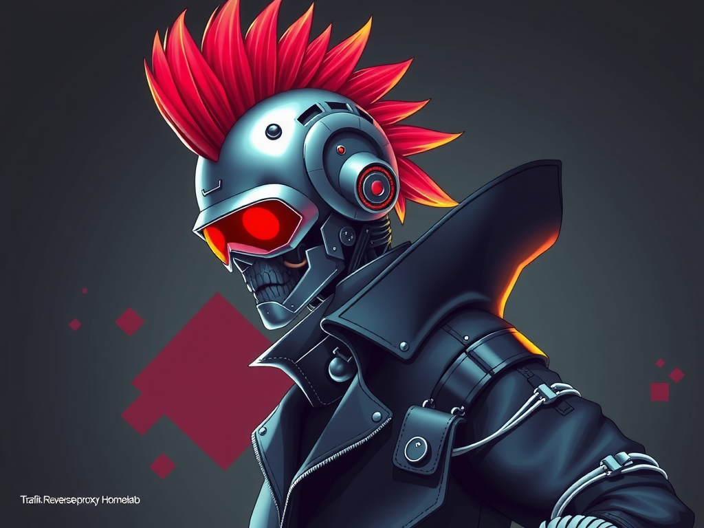 Robot punk consultando documentación y FAQs de Traefik en homelab 2025