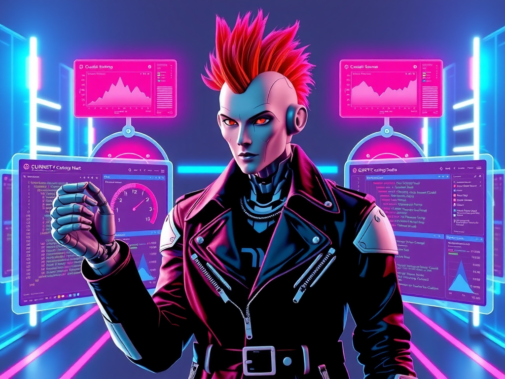 Robot punk liderando retrospectiva de copilotos con dashboards brillantes