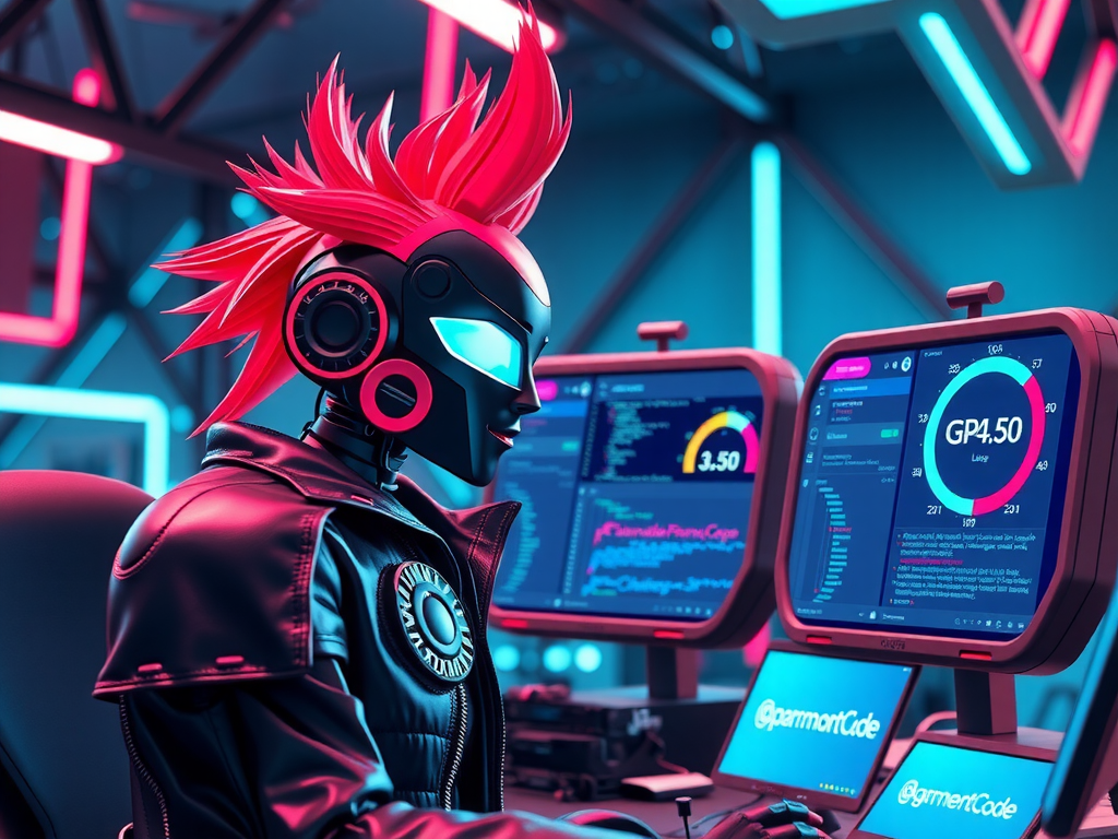 Robot punk analizando evolución histórica de copilotos en pantalla