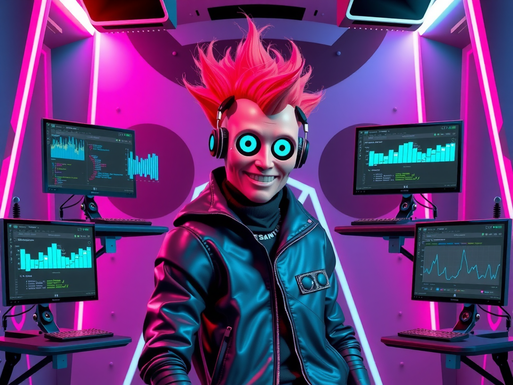 Robot punk defendiendo estrategia de ROI con gráficas holográficas