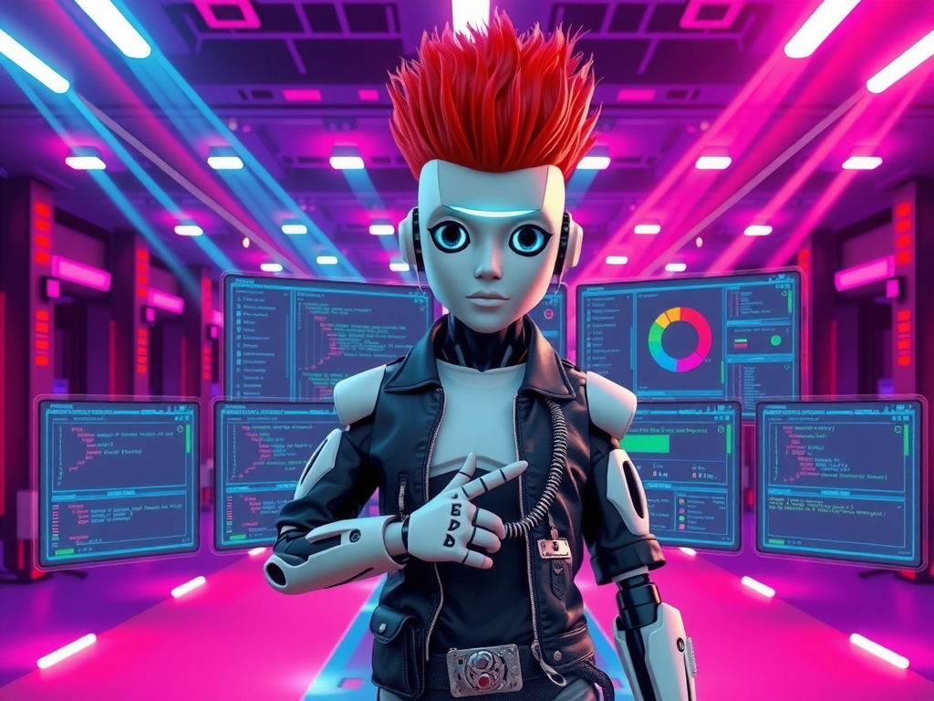 Robot punk señalando matriz de riesgos de copilotos en pantalla