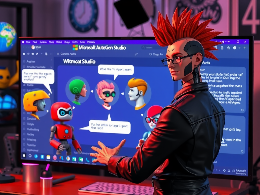AutoGen multi-agent homelab — robot punk orquestando agentes conversacionales con Ollama, 2026