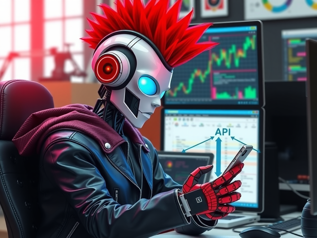 Robot punk integrando OpenClaw asistente IA con Telegram y WhatsApp usando APIs 2026